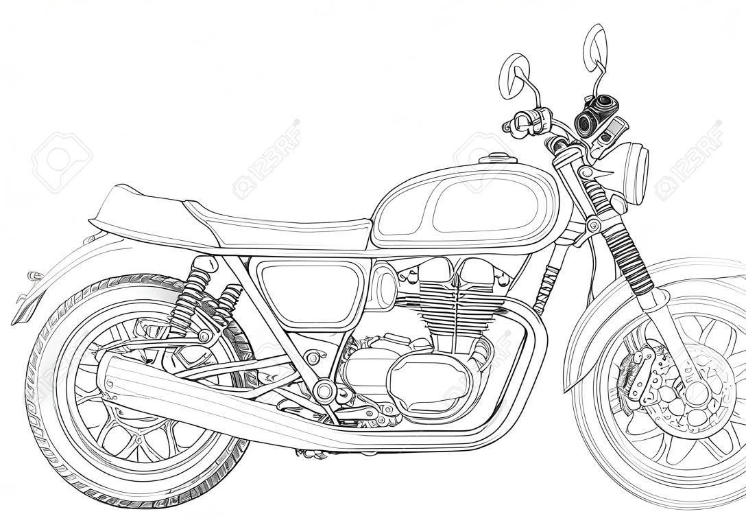 Szkic wektor motocykl, monochromatyczne, czarno-białe, kolorowanka. Czarny kontur pół twarzy motocykla z wieloma szczegółami na białym tle