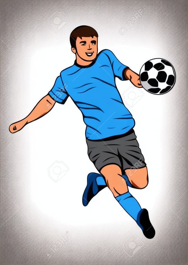 Futbolcu, top, vektörel el çizimi. Kırmızı bir mavi üniformalı futbolcu, gol atıyor ve gol atıyor. Beyaz arka plan üzerinde izole. Vektör