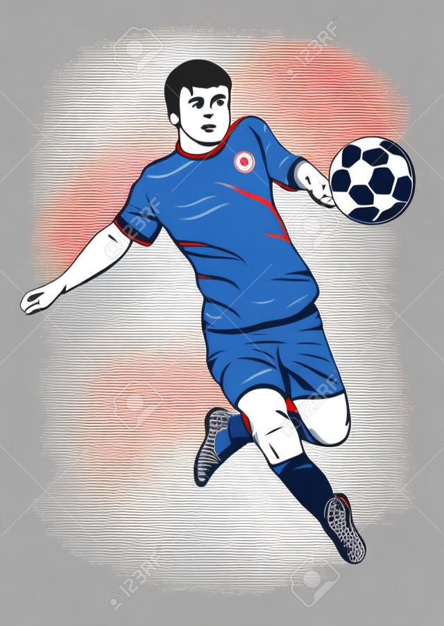 Footballer with a ball, vector hand drawing. Football player in a red blue uniform runs and scores a goal. Isolated on white background. Vector