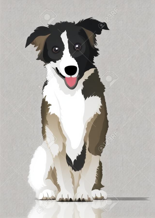 Dog vector drawing. Black and white cartoon shaggy dog full-length isolated on white background
