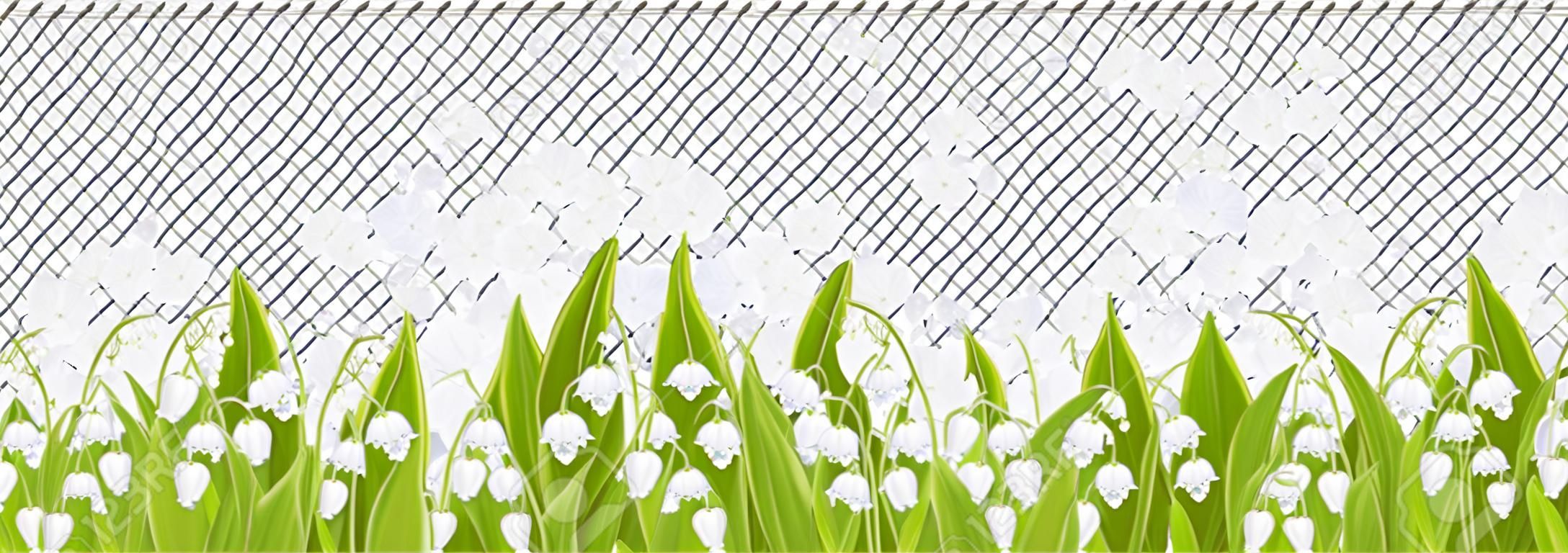Seamless border with tender spring flowers lily of the valley, floral banner, frame, vector illustration. White buds forest flower bluebell, green stalks and leaves isolated on transparent background