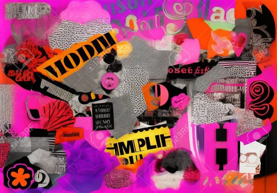 Moodboard collage or teared magazines in pink, red purple orange and black colors