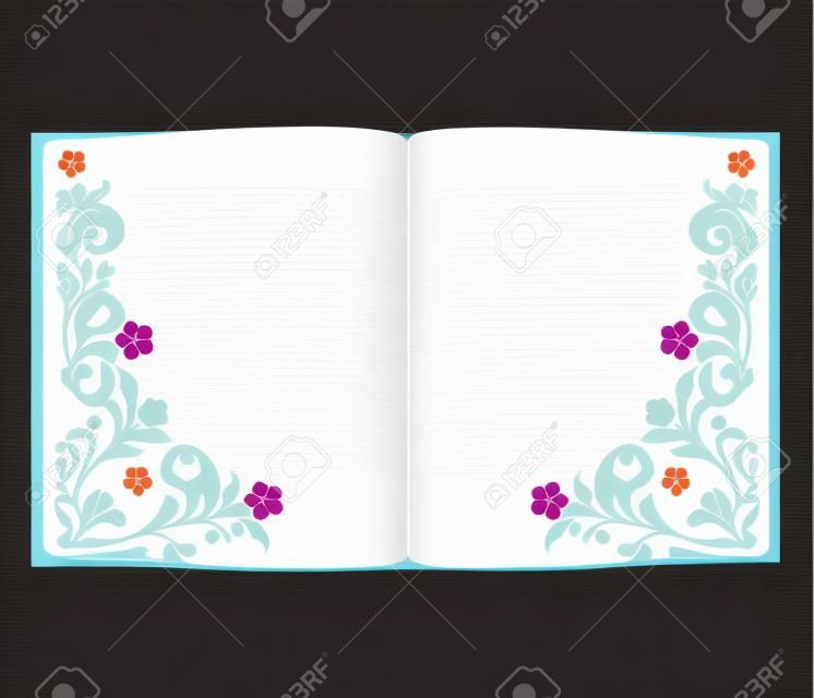 一本打開的書，帶有孤立的白色背景上的花卉裝飾的矢量圖