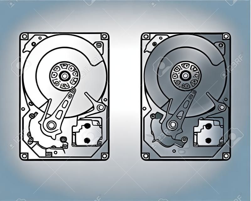 Vector illustration of hard drive disk. Line art. Cartoon. 