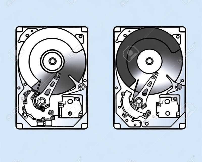 Vector illustration of hard drive disk. Line art. Cartoon. 