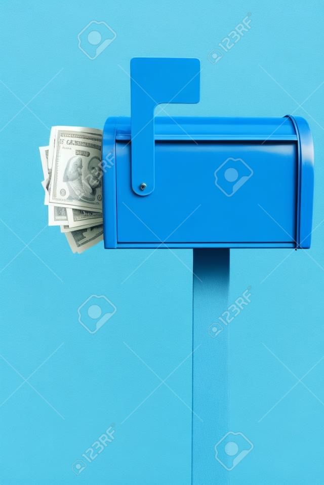 A standard blue mailbox with a white flag and money over a white background