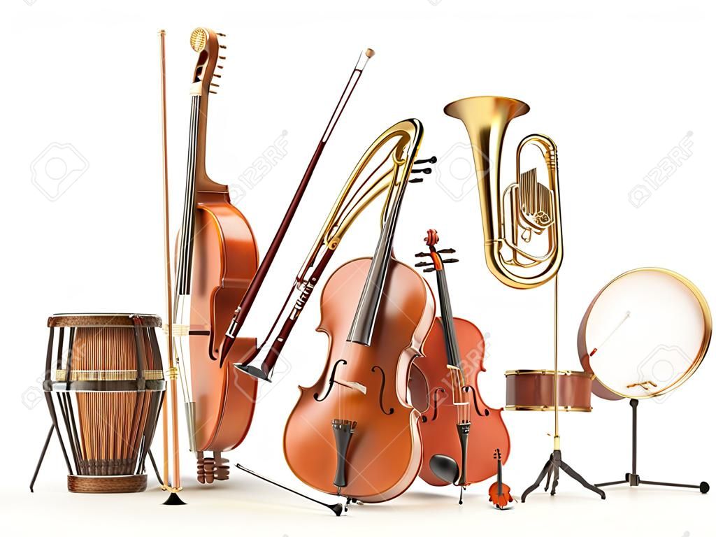 Orchestra musical instruments isolated on white. 3d render