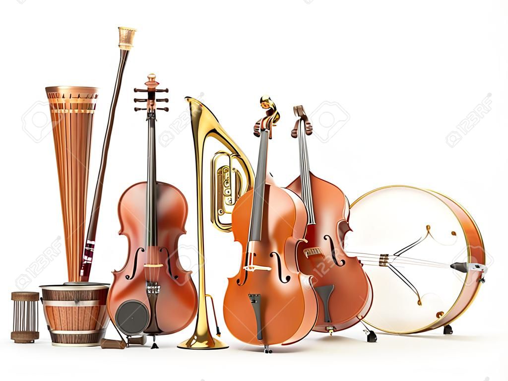 Orquesta de instrumentos musicales aislados en blanco. 3d