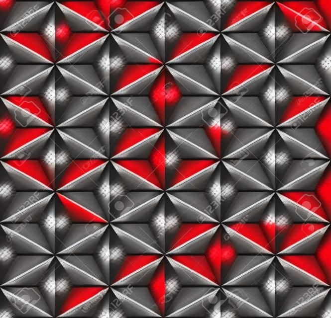Seamless geometric pattern. 3D illusion. Black, red, grey and white mosaic tiled background and texture. Vector art.
