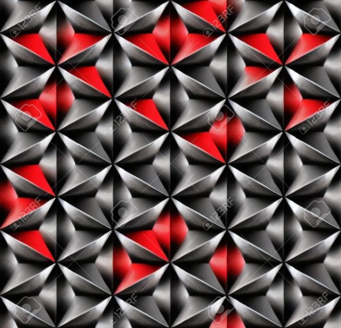 Motivo geometrico senza soluzione di continuità. Illusione 3D. Fondo e struttura a mosaico neri, rossi, grigi e bianchi. Arte vettoriale.