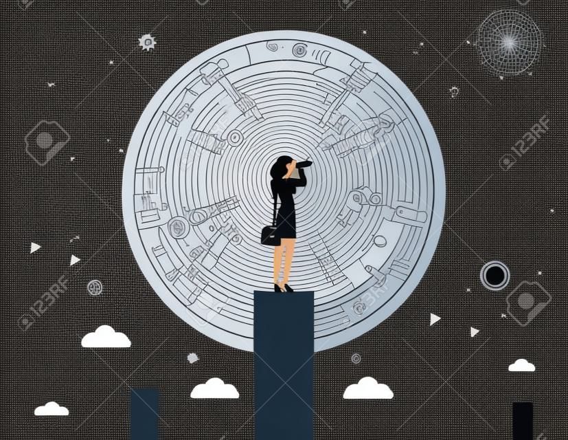 Businesswomen looking telescope for target to success. Concept business success illustration. Vector flat.