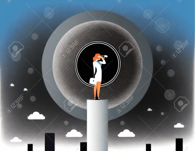Businesswomen looking telescope for target to success. Concept business success illustration. Vector flat.