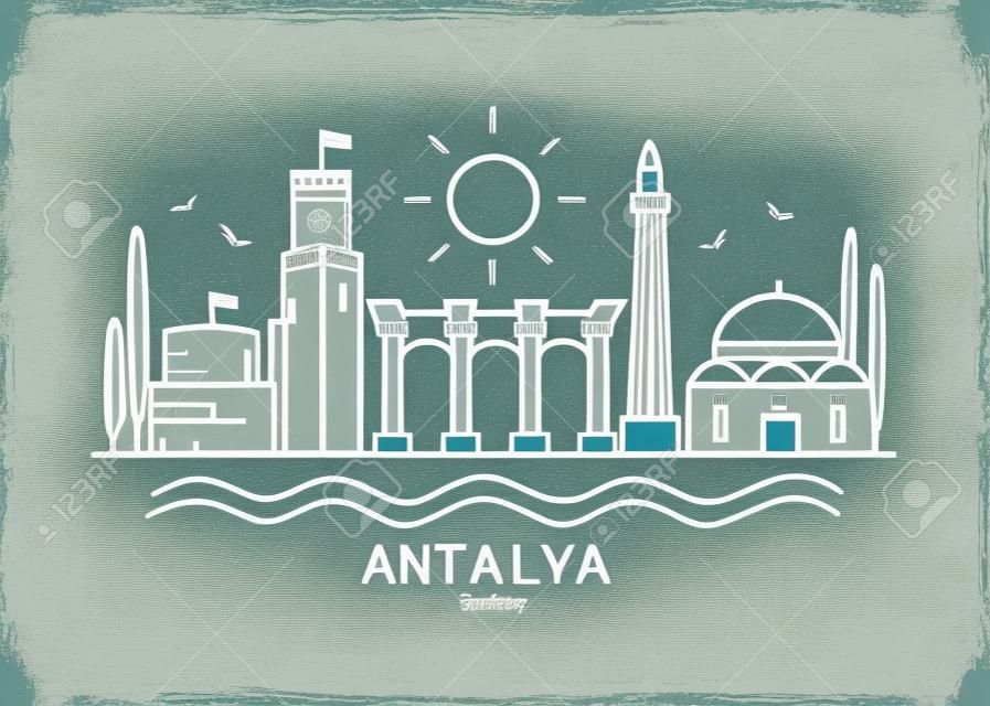 Antalya flat illustration. Antalya line drawing. Modern style Antalya city illustration. Hand sketched poster, banner, postcard, card template for travel company, T-shirt, shirt. Vector EPS 10