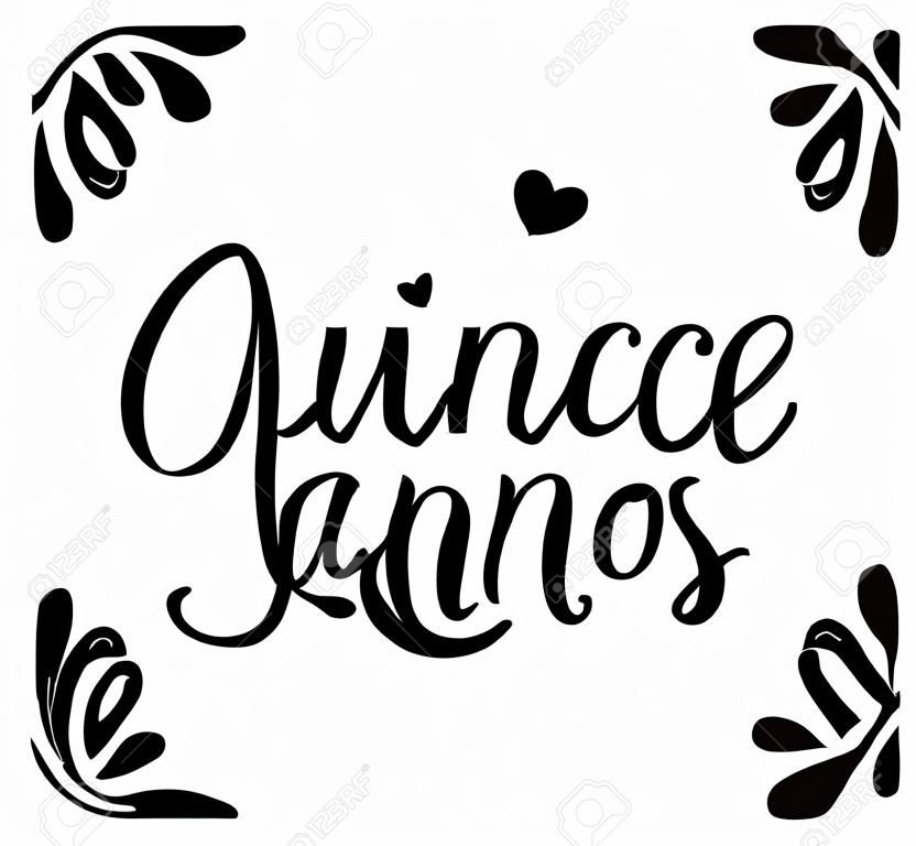 Calligraphy for Latin American girl birthday celebration. Lettering for Quinceanera party. Black text isolated on white background. Vector stock illustration. Mis quince anos.
