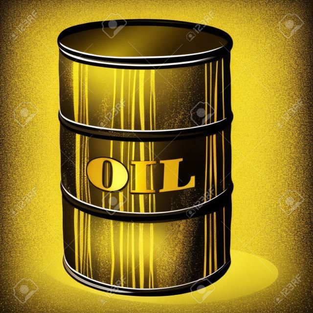 Oil barrel illustration; Isolated oil barrel drawing; oil barrel with printed golden text cartoon style illustration