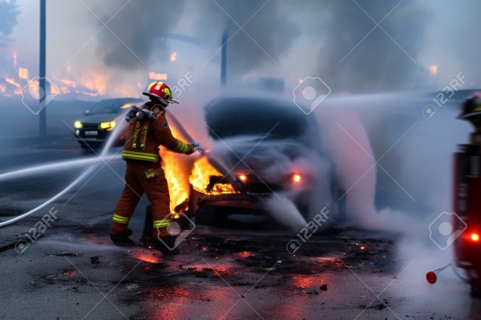 Group of fire men extinguishing and put out burning car crash after road traffic incident, fire fighting operation in the night city, firefighters with fire engine truck vehicle