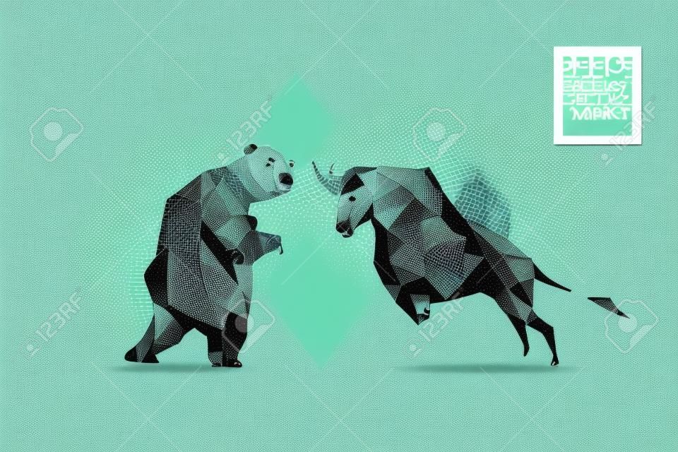 Частицы, геометрическое искусство, линия и точка абстрактного медведя и быка. Концепция графического дизайна фондового рынка.