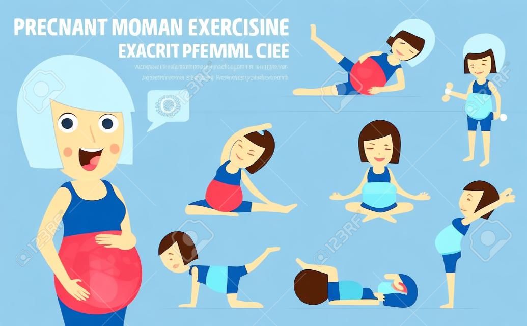 pregnant exercise.set of full body mom relax with pilates.wellness  conceptmother cartoon character.vector flat modern icons design.brochure illustration.isolated on white and blue background.