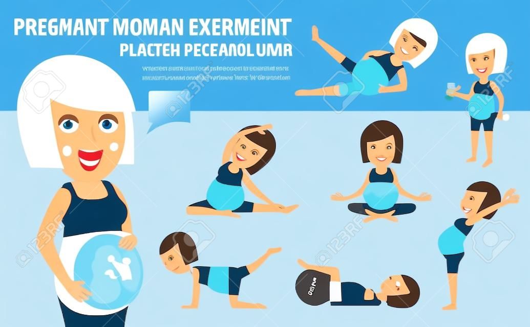 pregnant exercise.set of full body mom relax with pilates.wellness  conceptmother cartoon character.vector flat modern icons design.brochure illustration.isolated on white and blue background.
