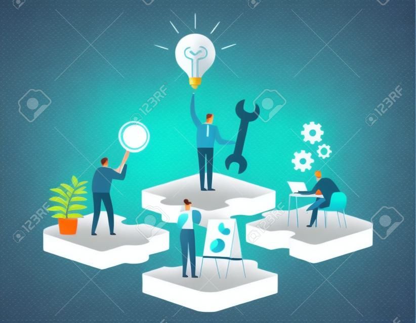 Finding new ideas. problem solving. Vector illustration banner.Teamwork search for solutionsMiniature people team workingflat cartoon design for web mobile