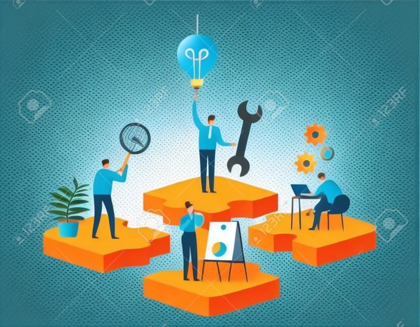 Finding new ideas. problem solving. Vector illustration banner.Teamwork search for solutionsMiniature people team workingflat cartoon design for web mobile