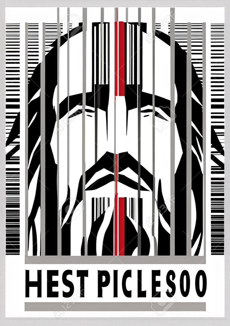 Een illustratie van Jezus' gezicht in de vorm van een barcode met een onbetaalbare tag