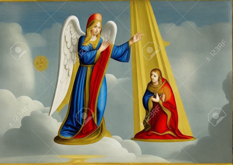 Uma ilustração do Anjo visita Maria. A Anunciação à Bem-Aventurada Virgem Maria. Série Bíblica