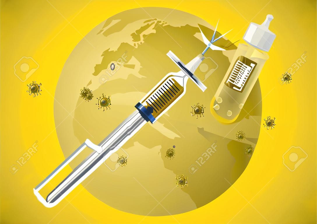 Leczenie immunizacyjne. butelka szczepionki i narzędzie do wstrzykiwania strzykawek dla covid19. ilustracja wektorowa.