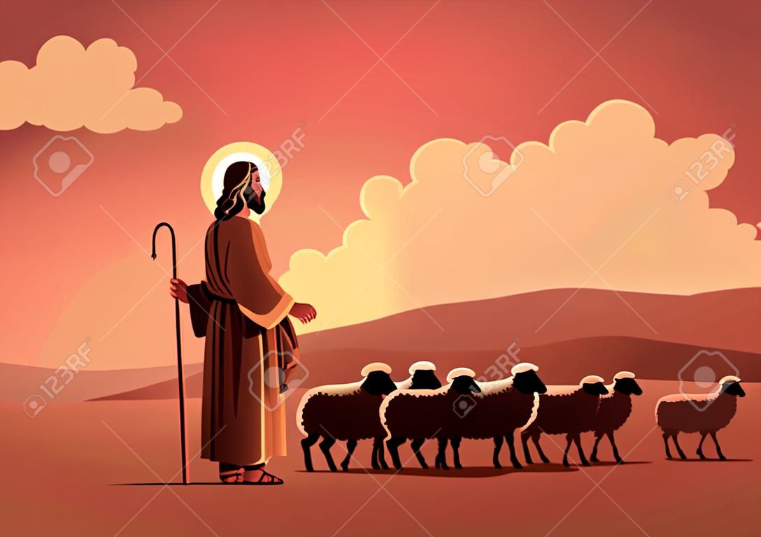 An illustration of Shepherd Jesus Christ leading the sheep. Biblical Series