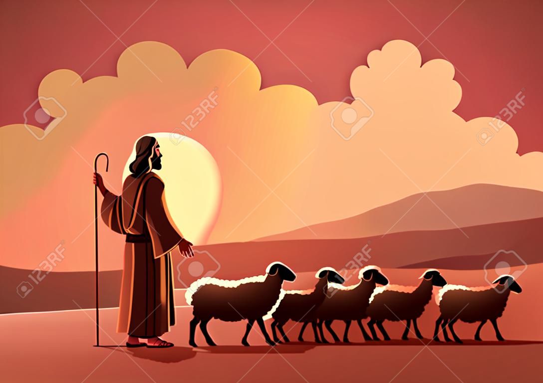 An illustration of Shepherd Jesus Christ leading the sheep. Biblical Series