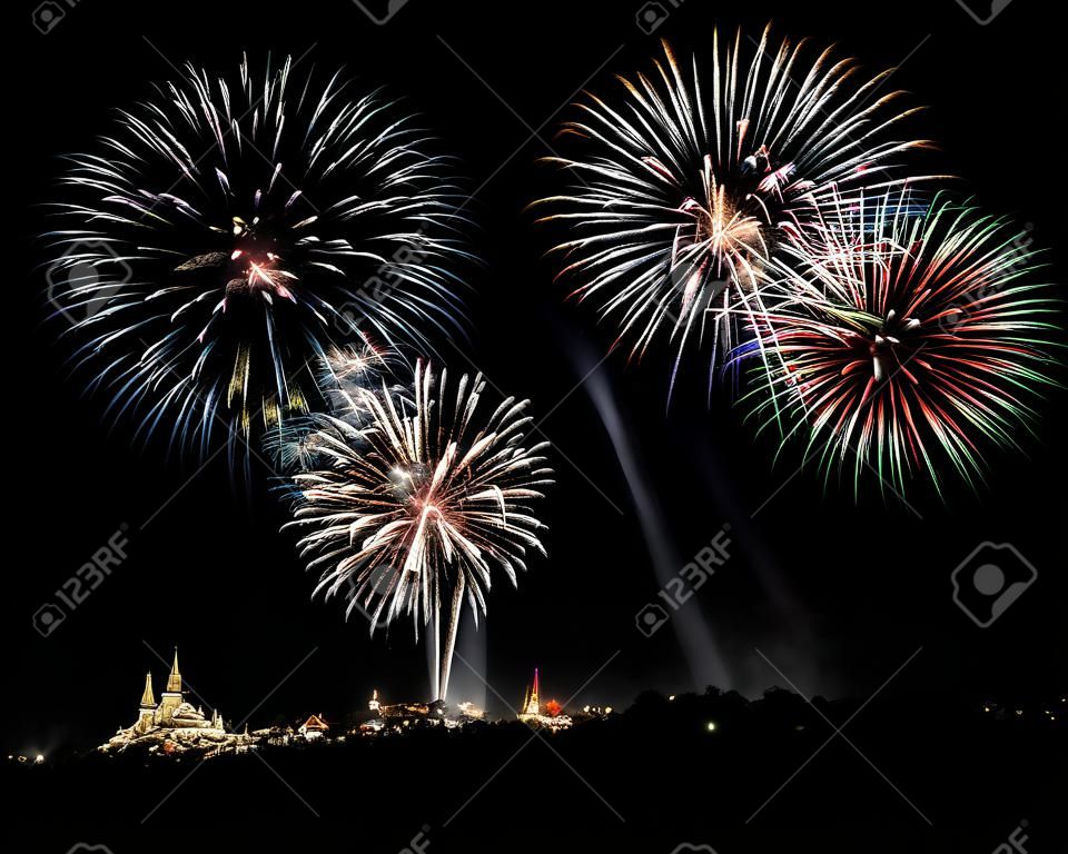 Colorful fireworks on the black sky background 