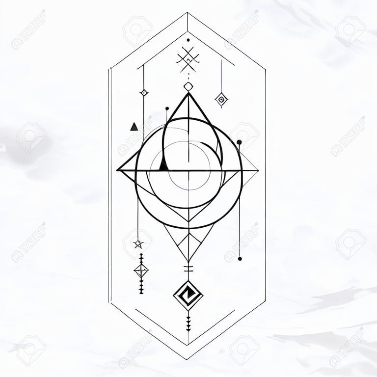 Vector geometric alchemy symbol with eye, sun, moon, shapes and abstract occult and mystic signs. Linear logo and spiritual design. Concept of imagination, magic, creativity, religion, astrology