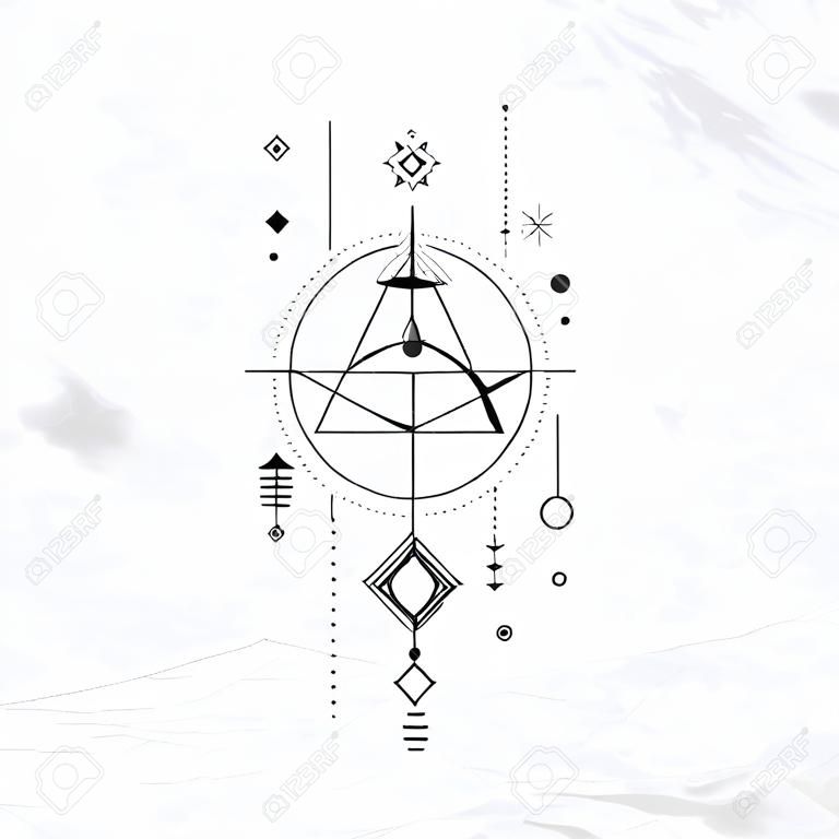 Vector geométrica símbolo alquimia con los ojos, el sol, la luna, las formas y oculta abstracta y signos místicos. Logo lineal y diseño espiritual. Concepto de la imaginación, la magia, la creatividad, la religión, la astrología