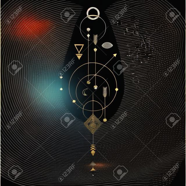 Аннотация знак мистик с геометрическими фигурами, треугольниками, шевронов, стрелок, кругов, точек, и алхимии и древних масонских символов, глаза, Луны, планет тропы. Векторная иллюстрация современной магии ремесла