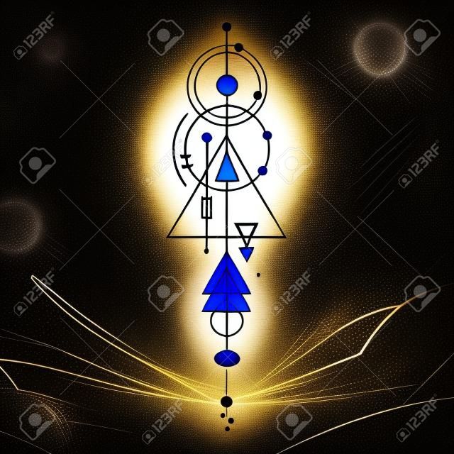 Vector geometric alchemy symbol with eye, moon, shapes. Abstract occult and mystic signs. Linear logo and spiritual design. Concept of imagination, magic, creativity, religion, astrology