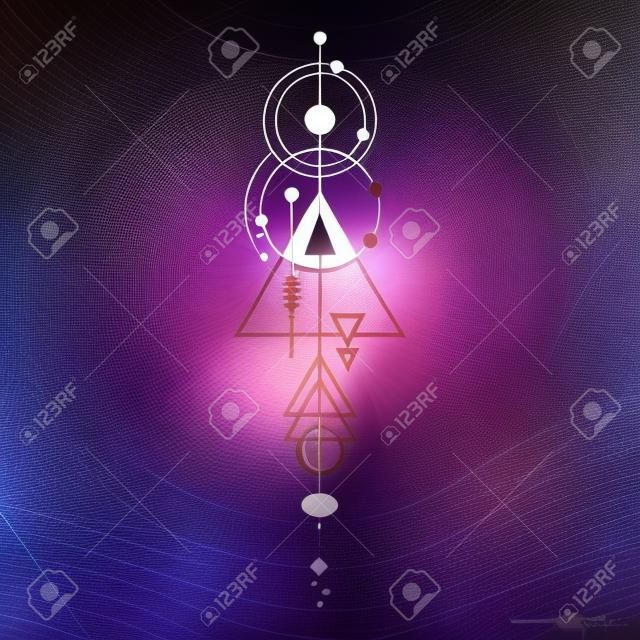 Vettore geometrico alchimia simbolo con l'occhio, la luna, le forme. Estratto occulto e segni mistici. Logo design lineare e spirituale. Concetto di immaginazione, la magia, la creatività, la religione, l'astrologia