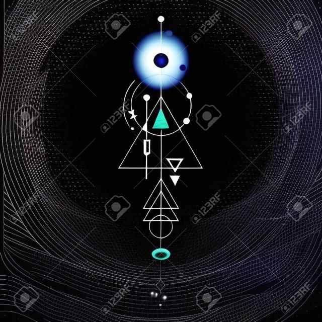 Vector geometric alchemy symbol with eye, moon, shapes. Abstract occult and mystic signs. Linear logo and spiritual design. Concept of imagination, magic, creativity, religion, astrology
