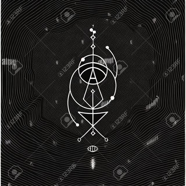 Vektor geometriai alkímia szimbólum szem, kör, alakzatok, pontok, nyilak. Absztrakt okkult és misztikus jelek. Lineáris logo, lelki tervezés és egyszerű, modern tetoválás húzott vékony vonalak. Mágikus illusztráció