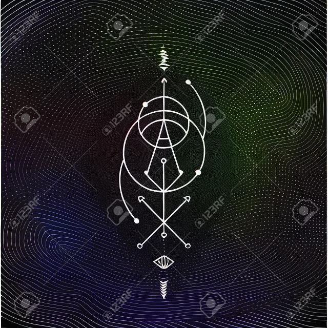 Vektor geometriai alkímia szimbólum szem, kör, alakzatok, pontok, nyilak. Absztrakt okkult és misztikus jelek. Lineáris logo, lelki tervezés és egyszerű, modern tetoválás húzott vékony vonalak. Mágikus illusztráció