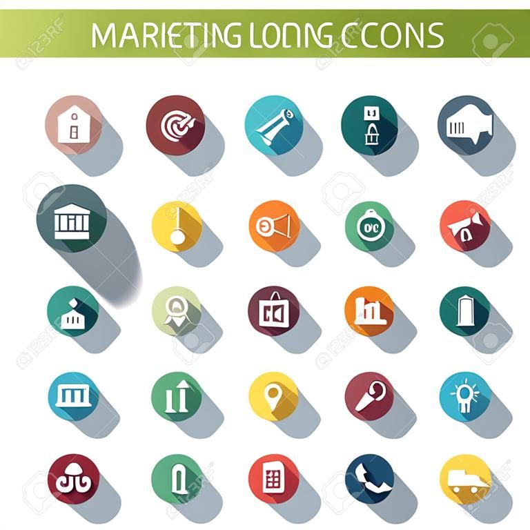 marketing long shadow icons, flat vector symbols