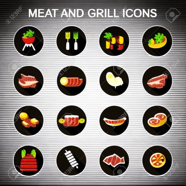 carne e grill ong sombra ícones, símbolos vetoriais planas