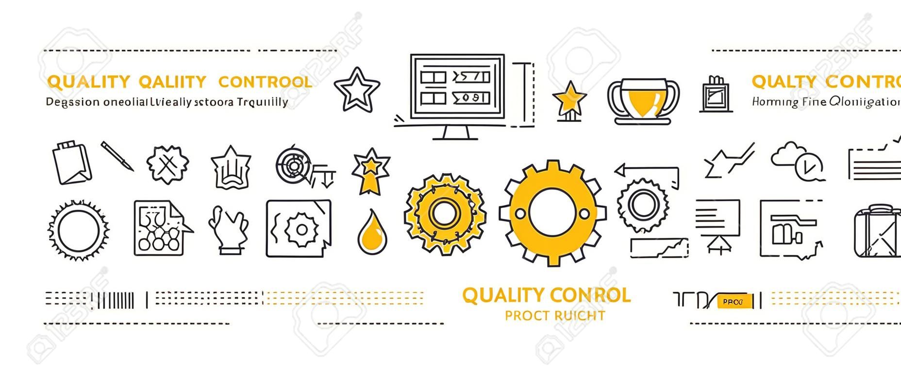 quality control vector banner design concept, flat style with thin line art quality icons on white background