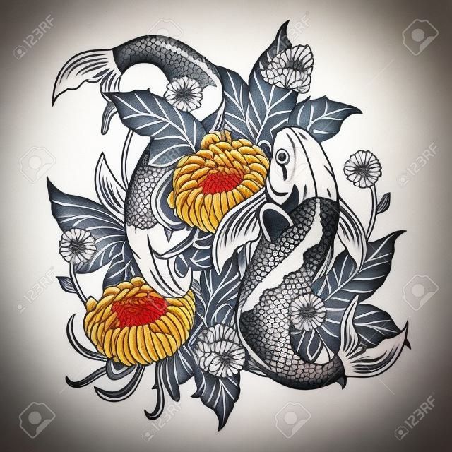 Koi fish and chrysanthemum tattoo by hand drawing.Tattoo art highly detailed in line art style.