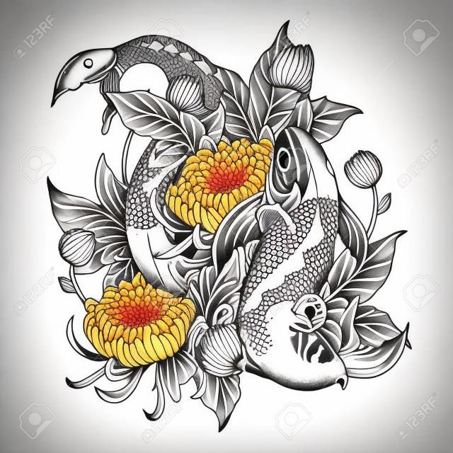 Koi fish and chrysanthemum tattoo by hand drawing.Tattoo art highly detailed in line art style.