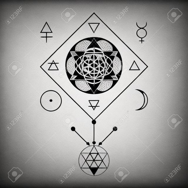 Símbolo de la alquimia y la geometría sagrada. ilustración del carácter lineal para las líneas de tatuaje en el fondo blanco aislado. Tres primos: espíritu, alma, cuerpo y 4 elementos básicos: tierra, agua, aire, fuego