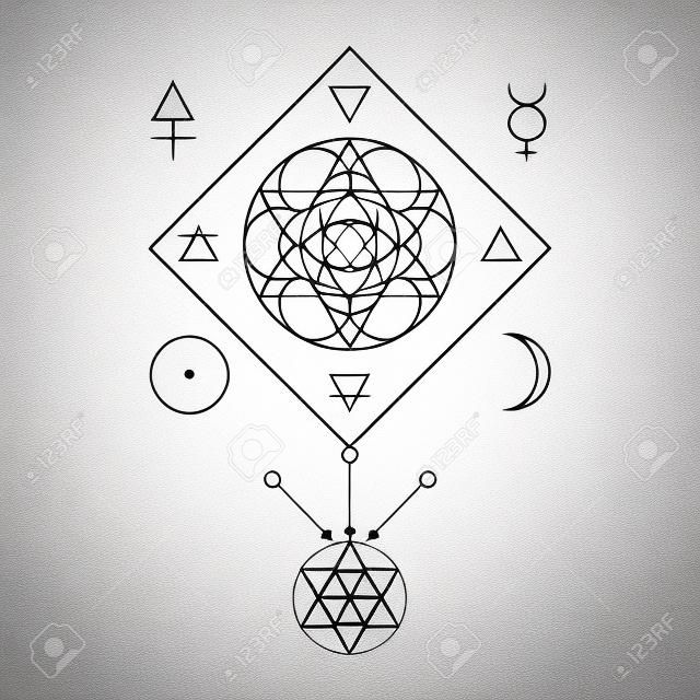 Symbool van alchemie en heilige geometrie. Lineaire karakter illustratie voor lijnen tatoeage op de witte geïsoleerde achtergrond. Drie priemgetallen: geest, ziel, lichaam en 4 basiselementen: Aarde, Water, Lucht, Vuur