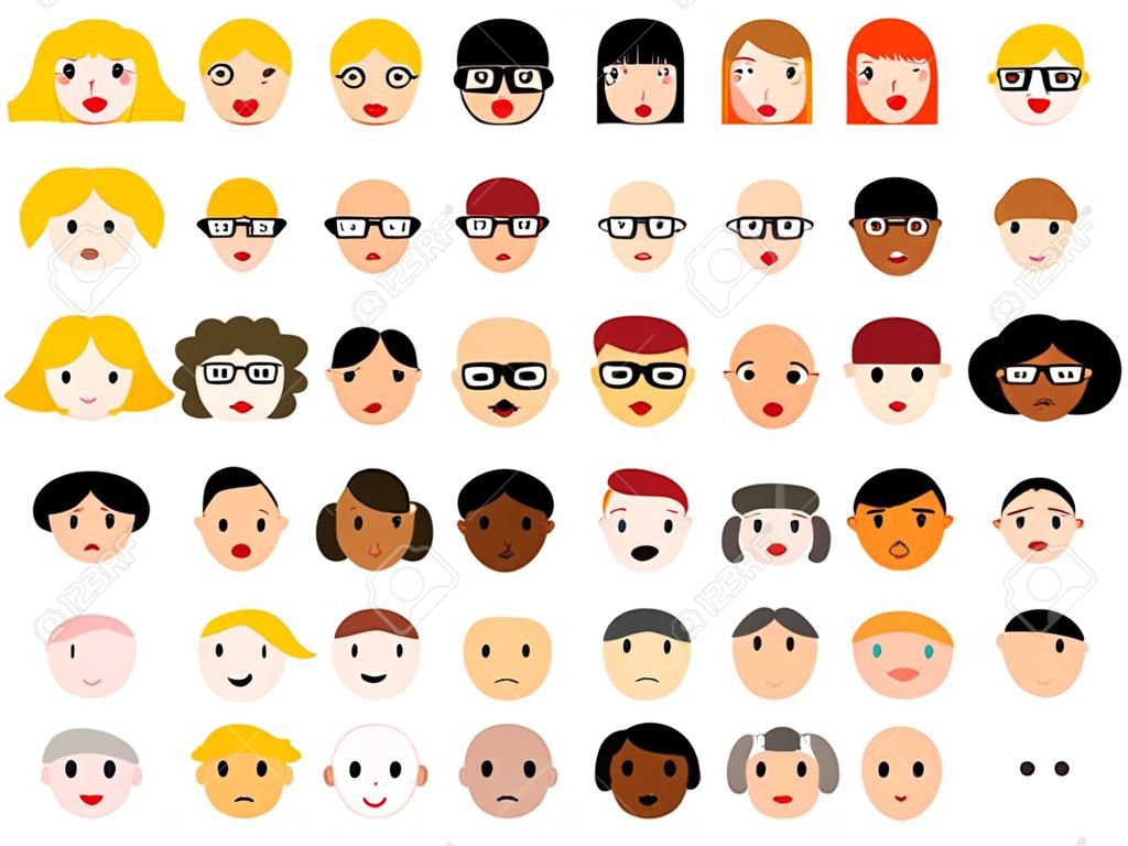 Face icon set - group of face emotions and diverse people group. Design element illustration - simple heads collection.