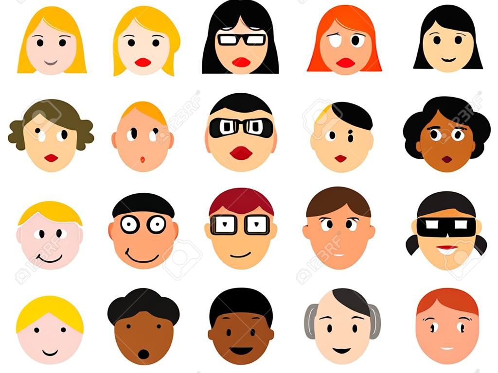 Face icon set - group of face emotions and diverse people group. Design element illustration - simple heads collection.