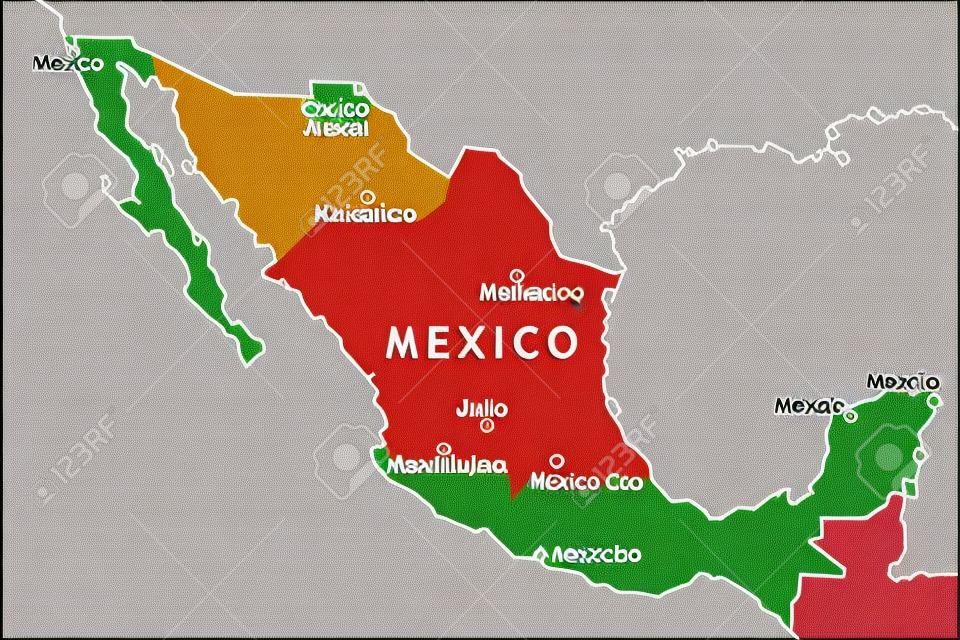 Mexico map with major Mexican cities: Mexico City, Guadalajara, Ciudad Juarez, Tijuana, Monterrey and others