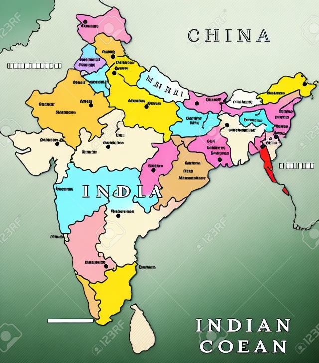 Carte de l'Inde. Décrire la carte du pays avec illustration des grandes villes (capitales d'État).
